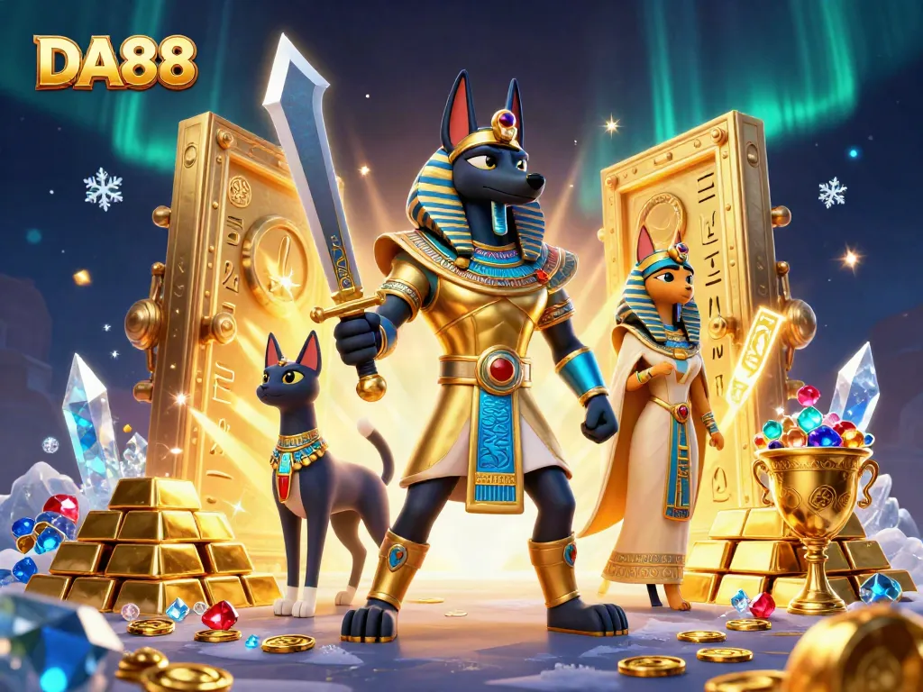 Enhance your gaming experience at DA88 with features like Anubis and Bastet amidst treasures.