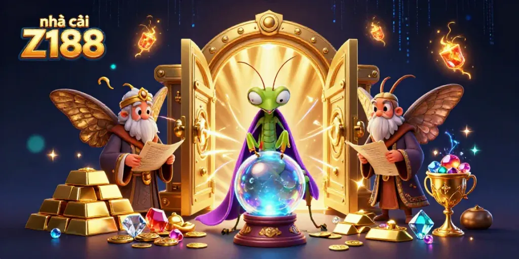 Experience the excitement at nhà cái Z188 with a captivating fortune teller and treasure-filled scene.