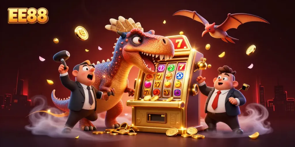EE88 showcases a pachycephalosaurus winning jackpots from a golden slot machine amidst vibrant casino decorations.